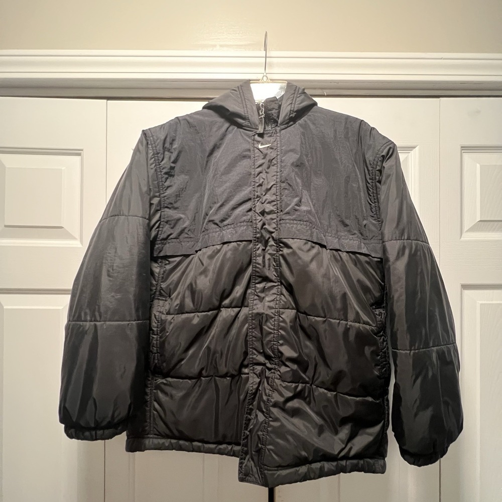 Vtg Black Nike Center Swoosh Youth L Hooded Puffer Jacket NME920220 KL4 H7 YNG